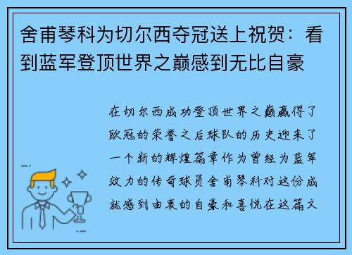 舍甫琴科为切尔西夺冠送上祝贺：看到蓝军登顶世界之巅感到无比自豪