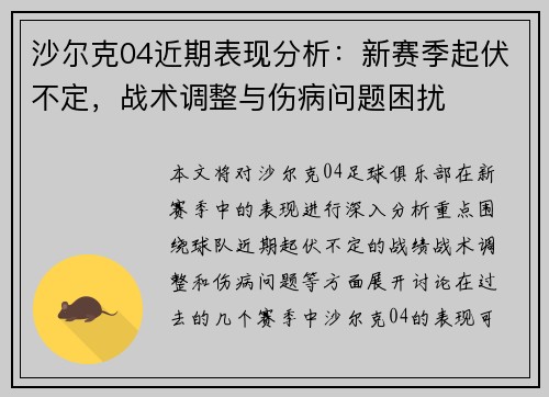 沙尔克04近期表现分析：新赛季起伏不定，战术调整与伤病问题困扰