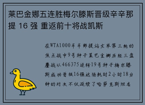 莱巴金娜五连胜梅尔滕斯晋级辛辛那提 16 强 重返前十将战凯斯